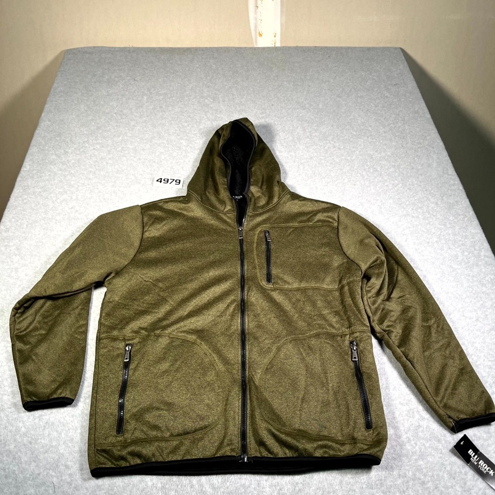 Blu Rock New York Hoodie Mens Large‎ Olive Green Fleece Cotton Full Zip Outdoor